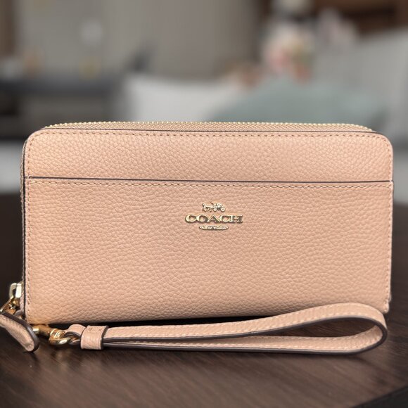 Coach - Long Zip Around Wallet w/ Wristlet Strap - Beige / Gold - Picture 1 of 4